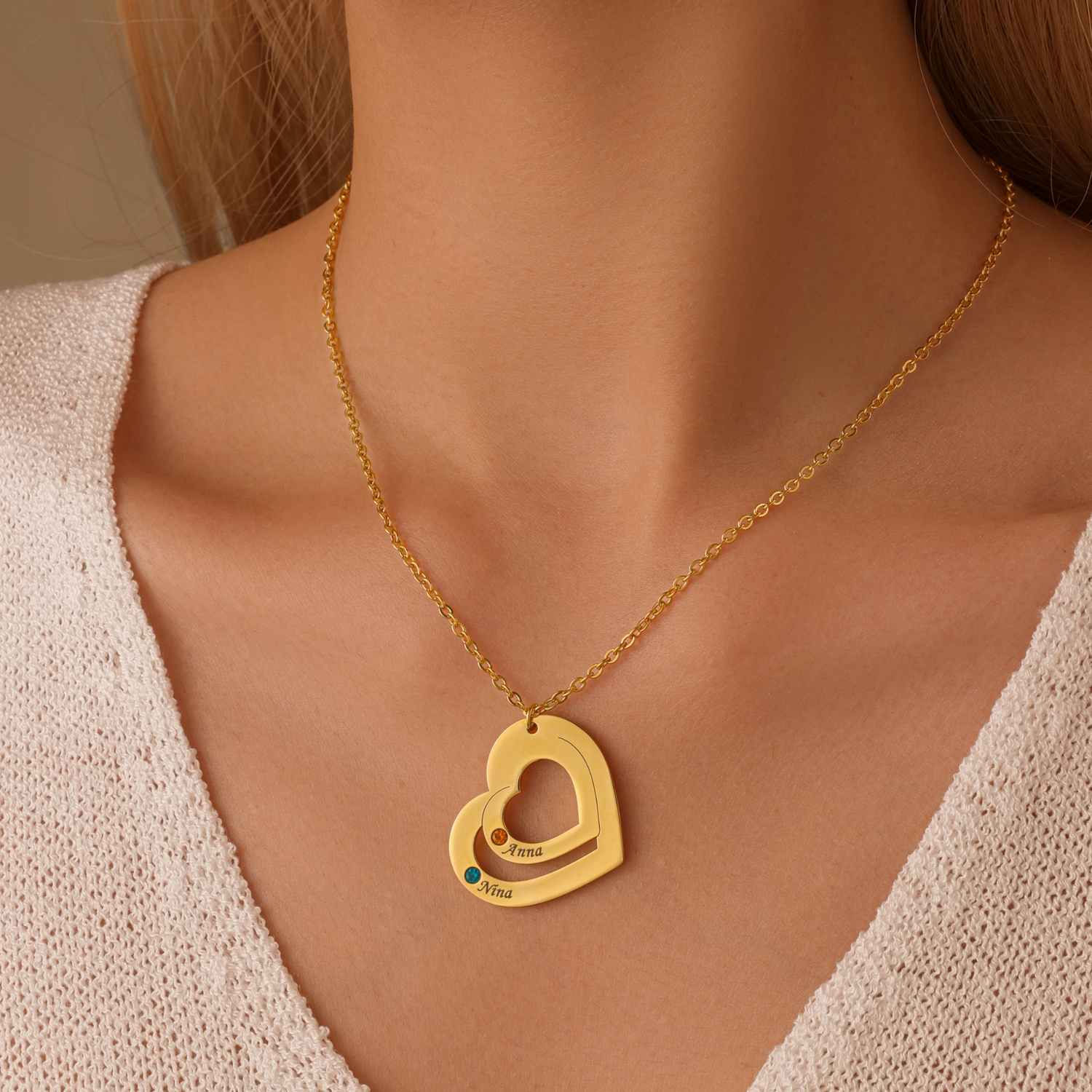 Collar Corazones Entrelazados con Nombres y Piedras de Nacimiento
