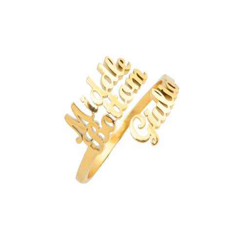 A gold-colored custom triple name ring with the inscription 'Model Boba Call' on it, displayed on a white background.