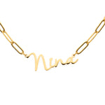 A gold-colored necklace with a script pendant that reads 'NINA'.