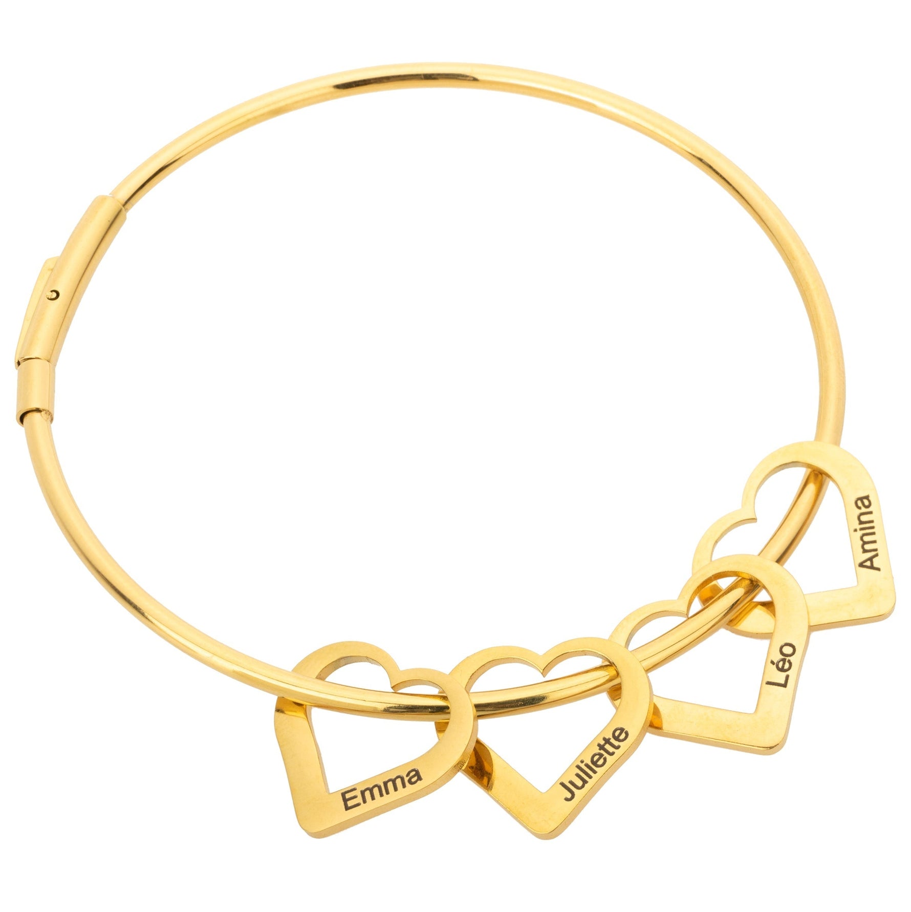 A gold-colored bracelet with multiple heart-shaped charms, each with a different name inscribed on it, on a white background.