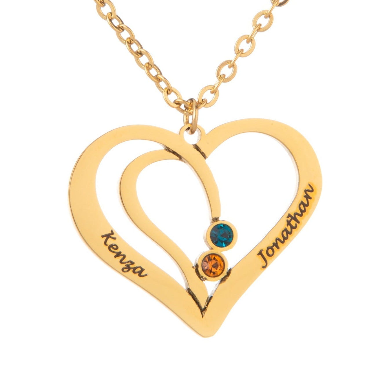 A gold-plated necklace with an intertwined hearts pendant, featuring two engraved names and a small birthstone on one of the hearts.