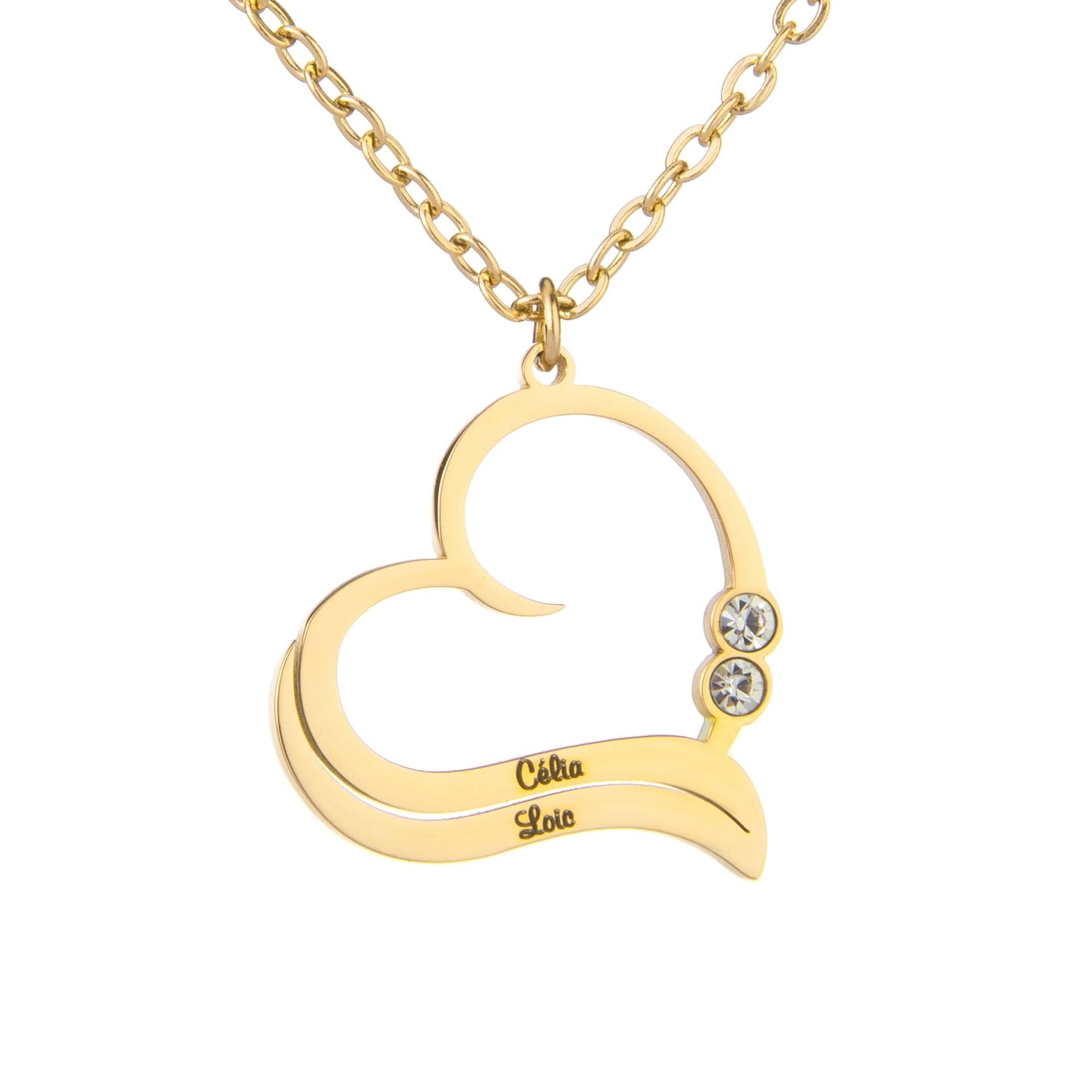 A gold-plated necklace with an open heart pendant engraved with names and adorned with clear crystals.
