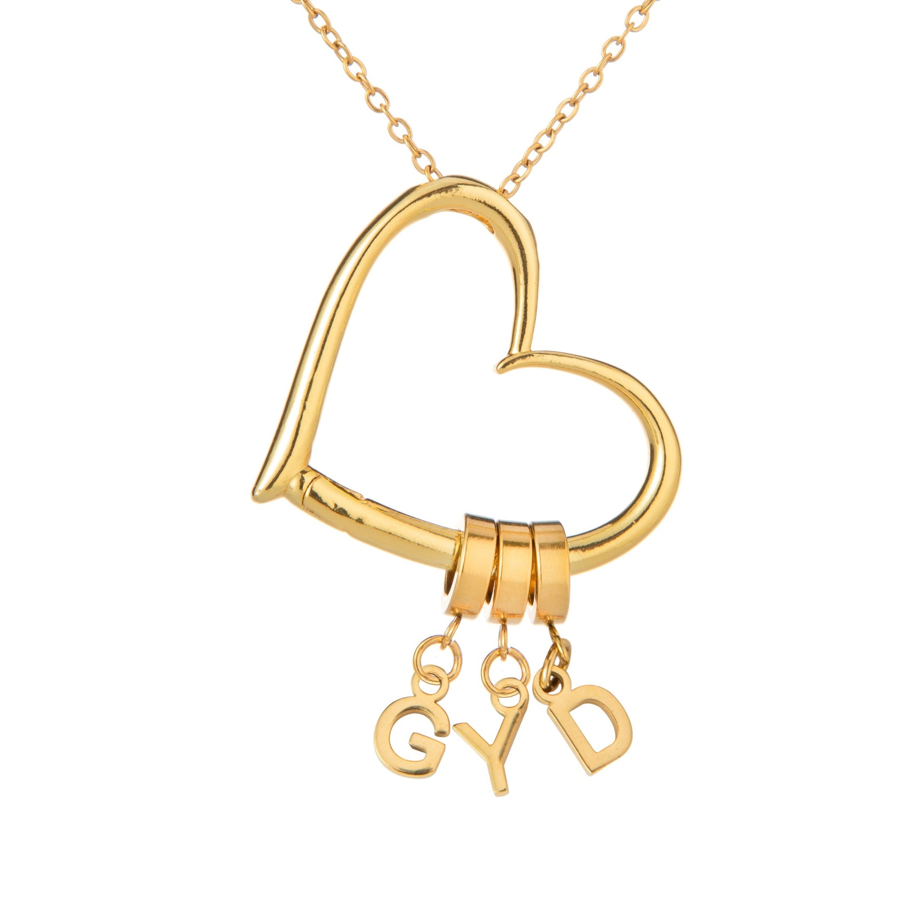 A gold-plated necklace with an open heart design pendant, featuring three initials hanging from the necklace chain.