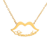 A gold-plated necklace with a lips silhouette pendant engraved with the name 'Samantha'.