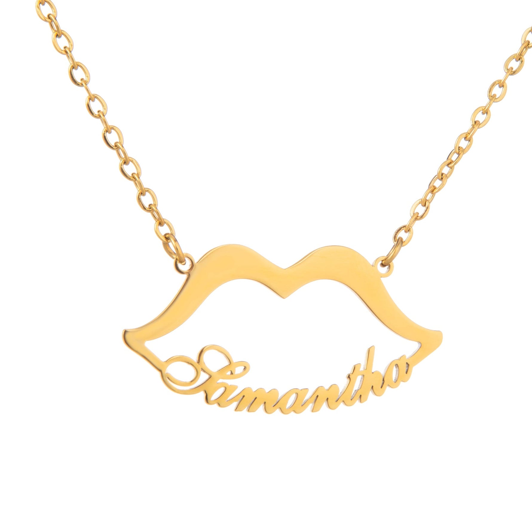A gold-plated necklace with a lips silhouette pendant engraved with the name 'Samantha'.