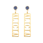 A pair of gold-toned rectangle drop earrings with blue accents on the hooks, featuring custom text on the earrings.