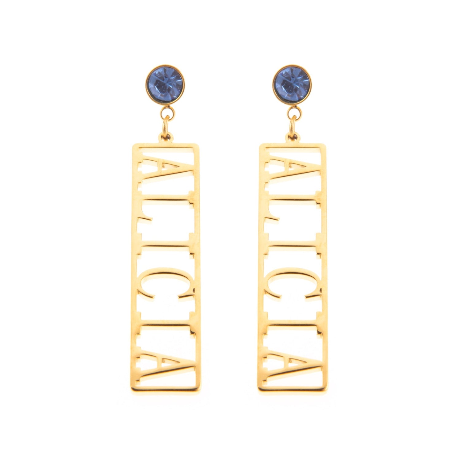 A pair of gold-toned rectangle drop earrings with blue accents on the hooks, featuring custom text on the earrings.