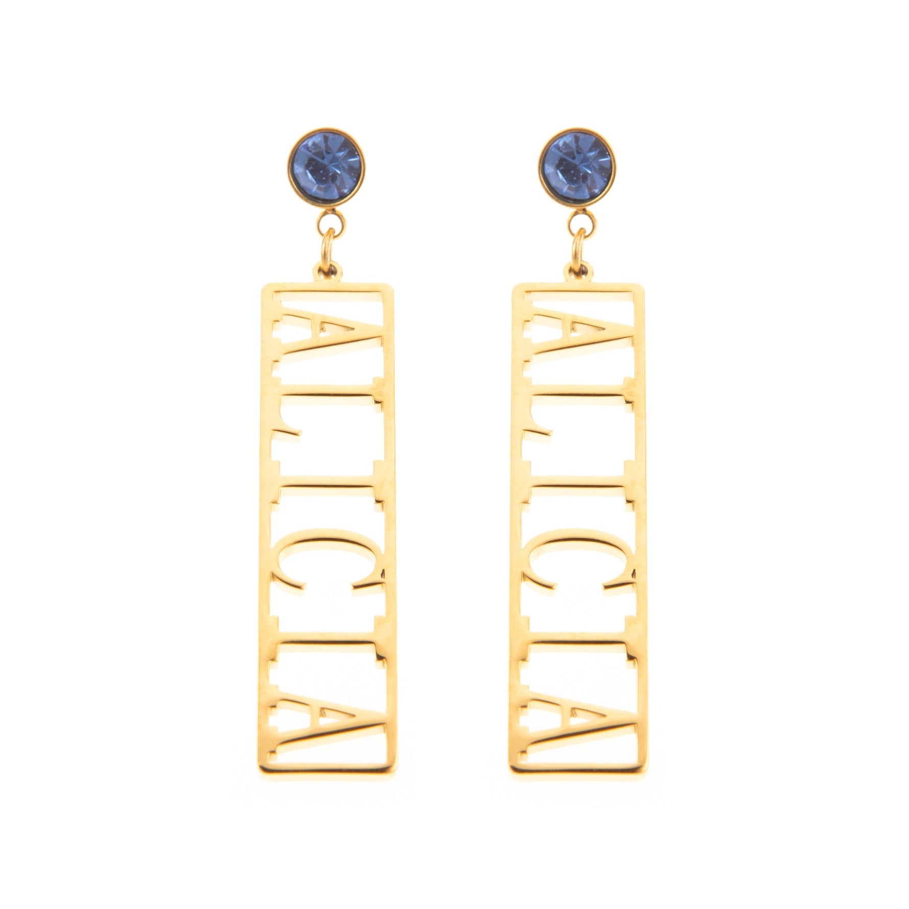 A pair of gold-toned rectangle drop earrings with blue accents on the hooks, featuring custom text on the earrings.
