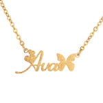 A gold-plated necklace with a personalised name written in a butterfly-style font with heart accents, accompanied by a glitter effect.
