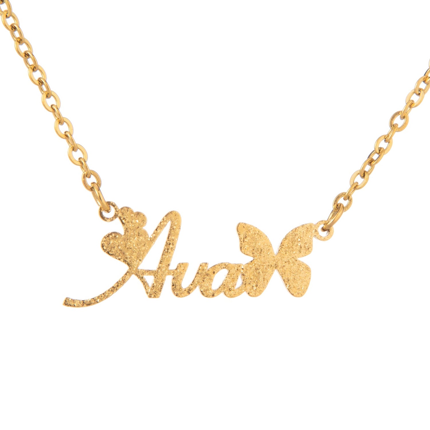 A gold-plated necklace with a personalised name written in a butterfly-style font with heart accents, accompanied by a glitter effect.