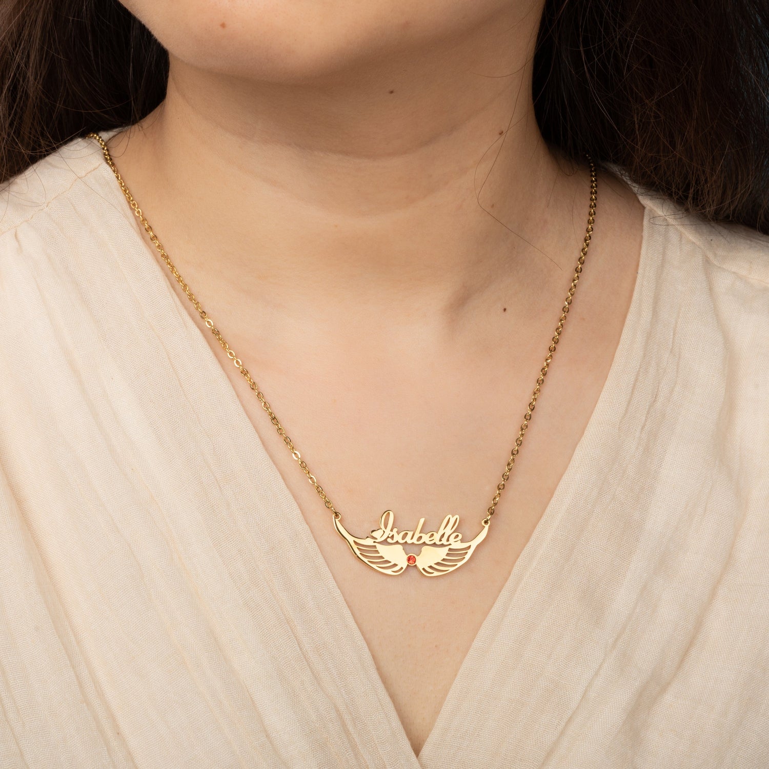 Collar Nombre y Alas con Piedra de Nacimiento