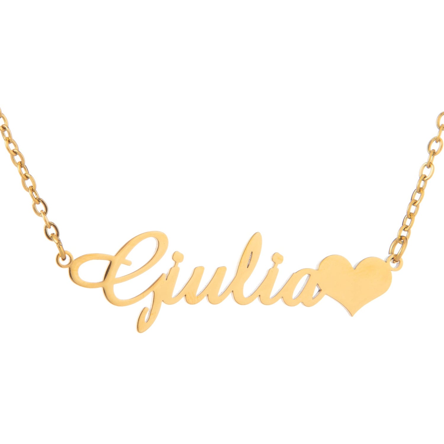 A gold-plated necklace with the name 'Giulia' written in cursive on a pendant, ended with a heart charm.