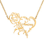 A gold-plated necklace with a pendant featuring a heart and rose design, engraved with a name.