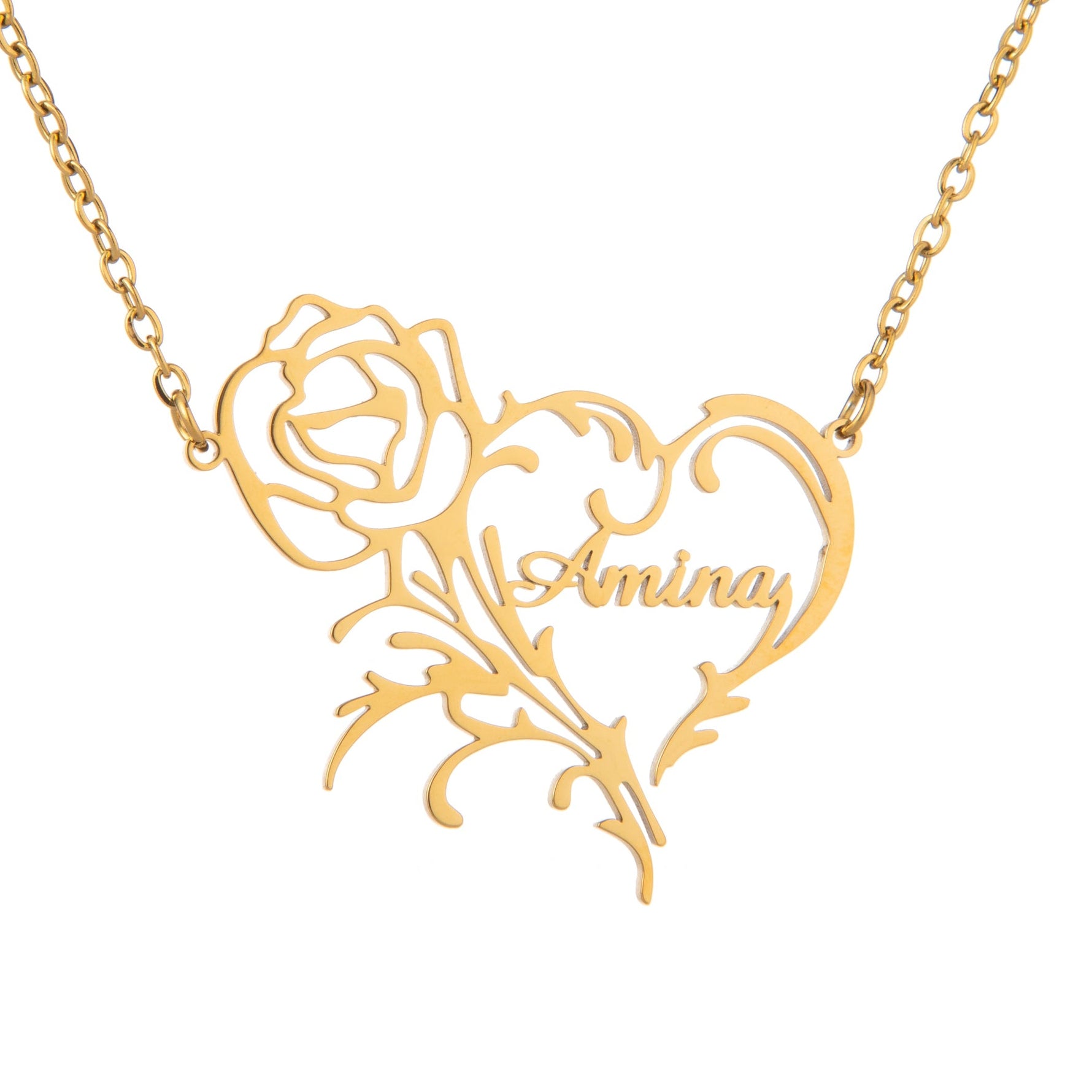 A gold-plated necklace with a pendant featuring a heart and rose design, engraved with a name.