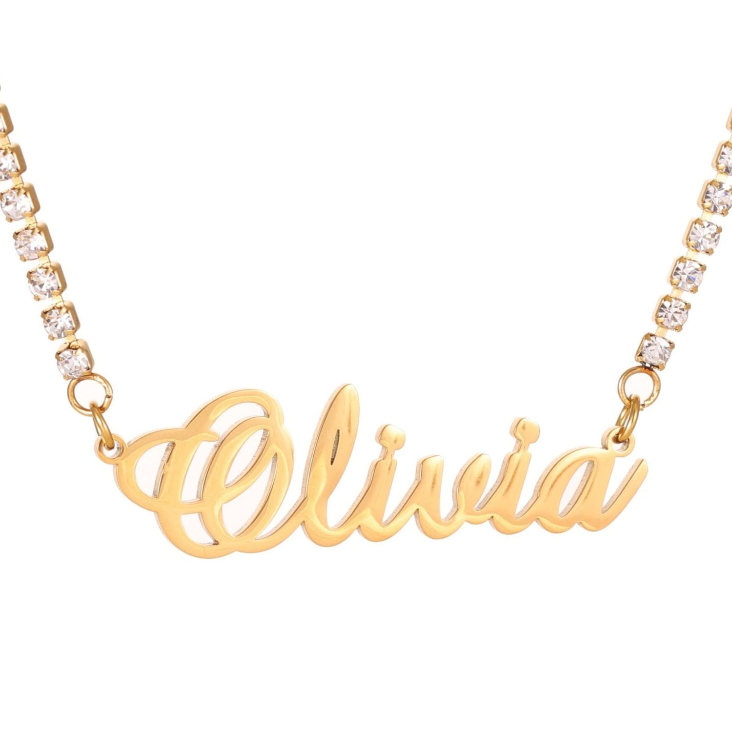 Gold 'Olivia' necklace with diamond-studded chain on a white background