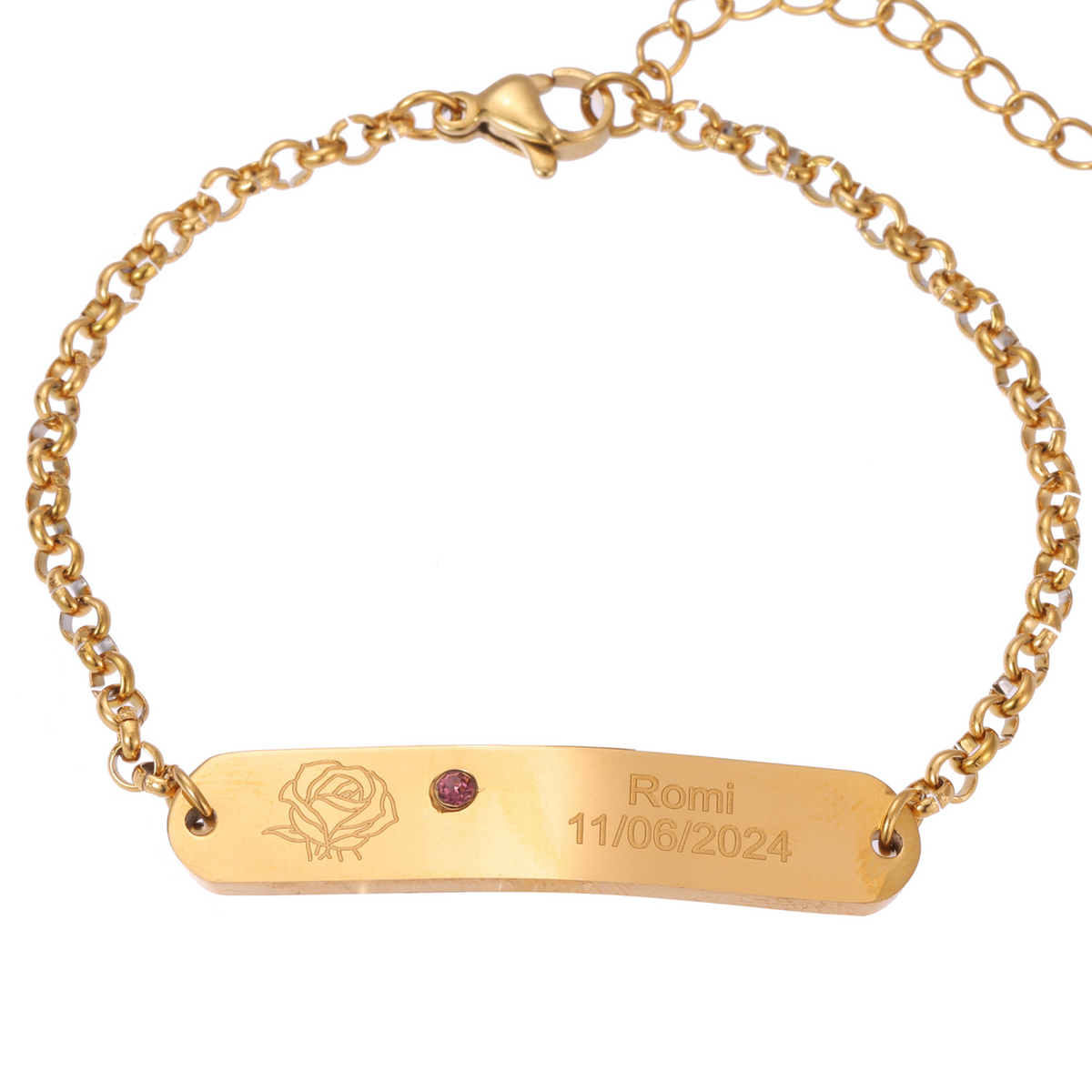 Pulsera ID Grabada con Flor y Piedra de Nacimiento