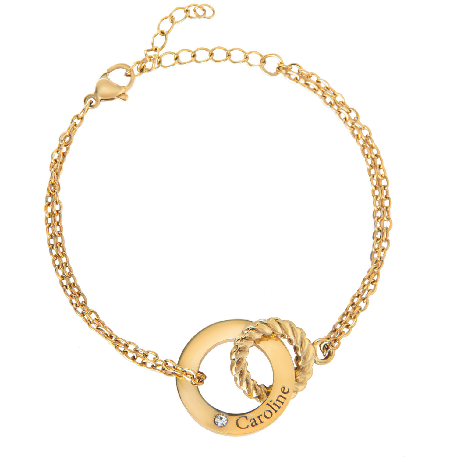 Pulsera Círculo Grabado Personalizada con Anillo Retorcido y Cristal