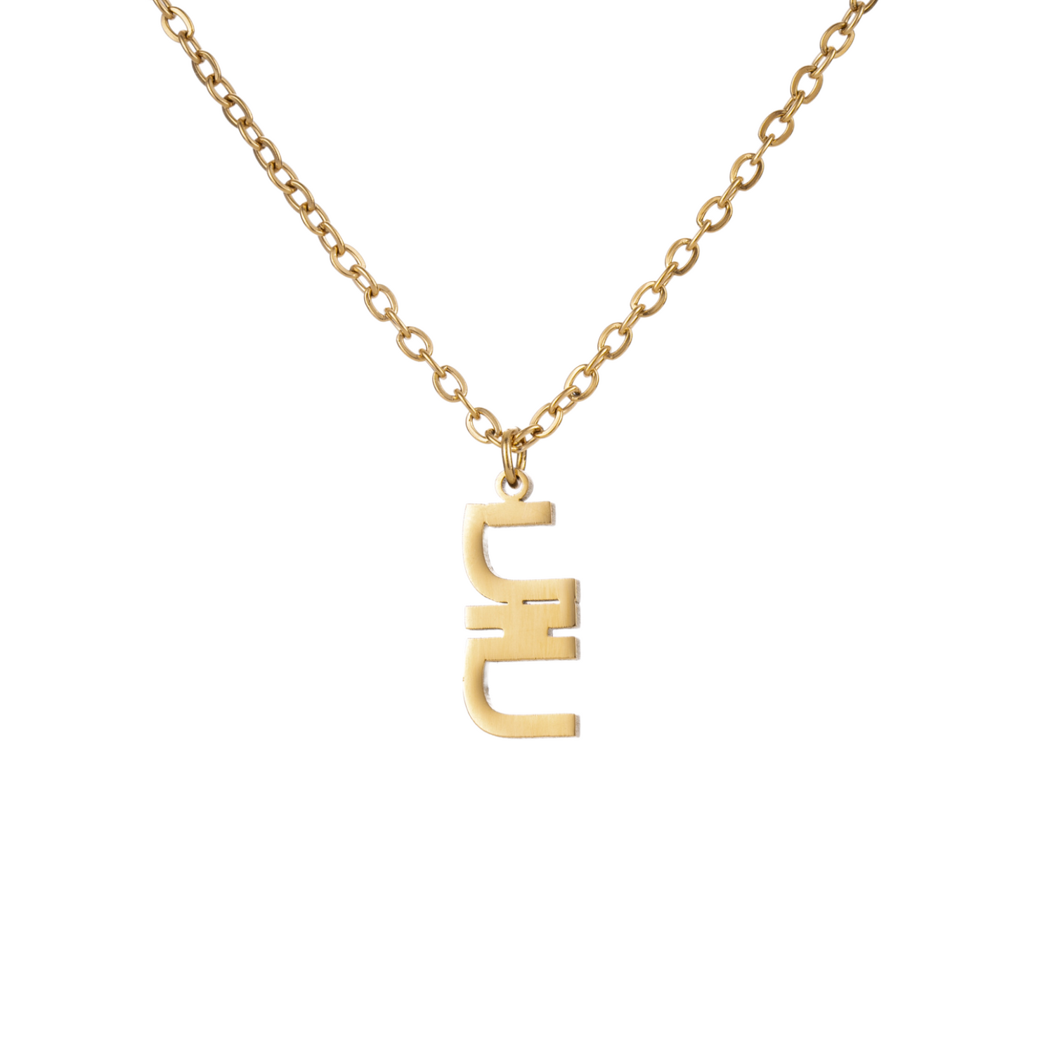 A gold-colored stainless steel necklace with a vertical Hebrew character design on a chain.