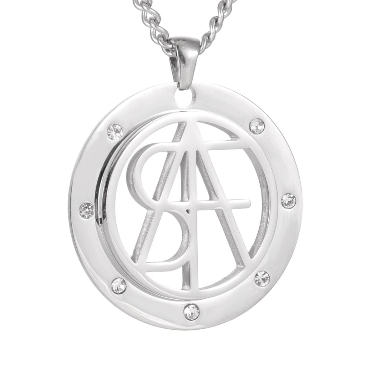 Silver necklace with a circular pendant on a white background