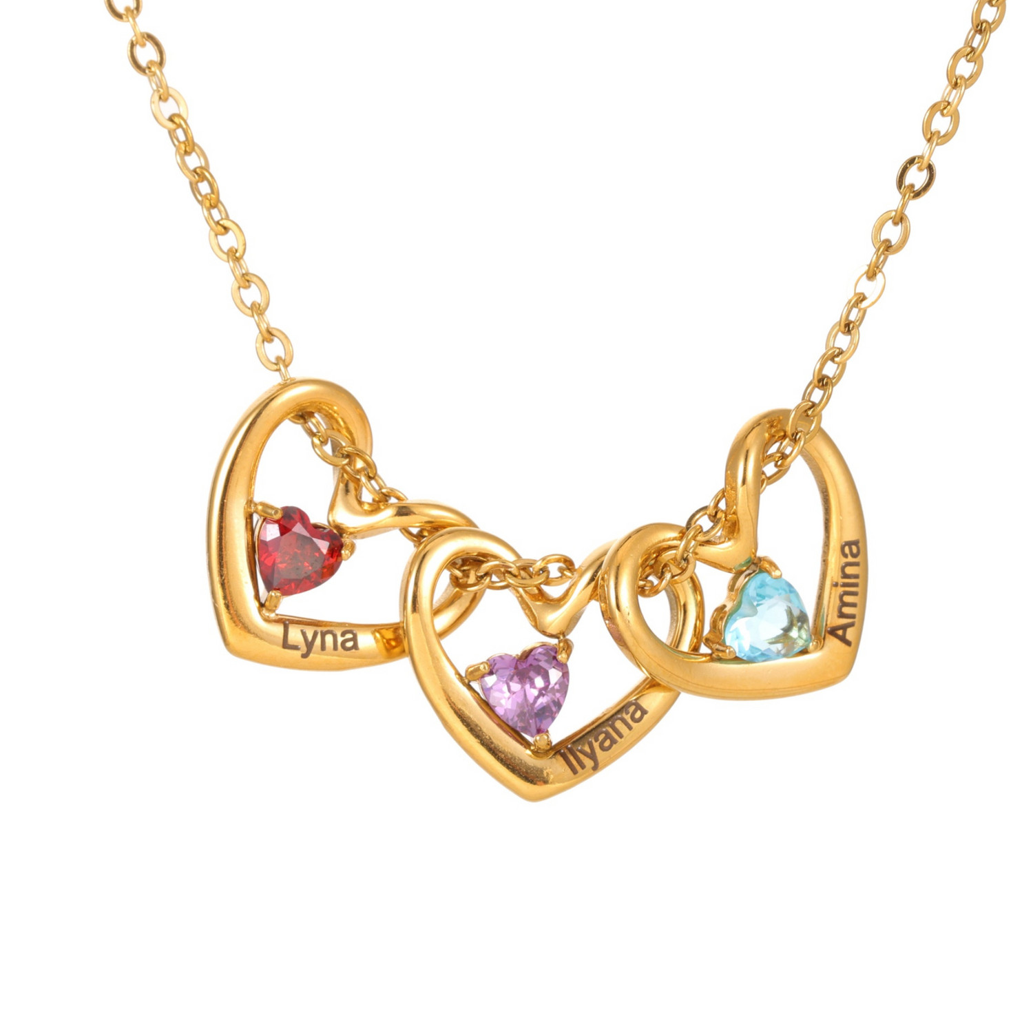 Collar Corazones Unidos con Nombres y Piedras de Nacimiento