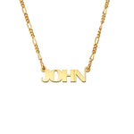 A gold-colored necklace with the name 'JOHN' written in bold, all-capital letters.