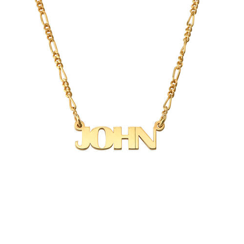 A gold-colored necklace with the name 'JOHN' written in bold, all-capital letters.