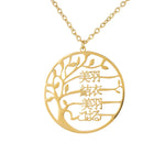 A gold-plated necklace with a circular pendant featuring a family tree design and Japanese characters.