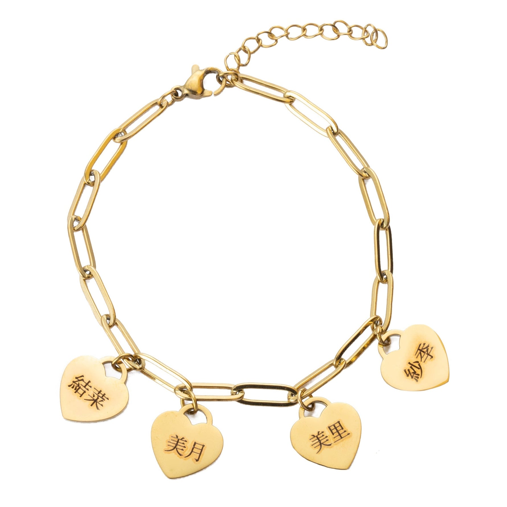 A gold-colored bracelet featuring multiple heart-shaped charms with Japanese characters engraved on them.