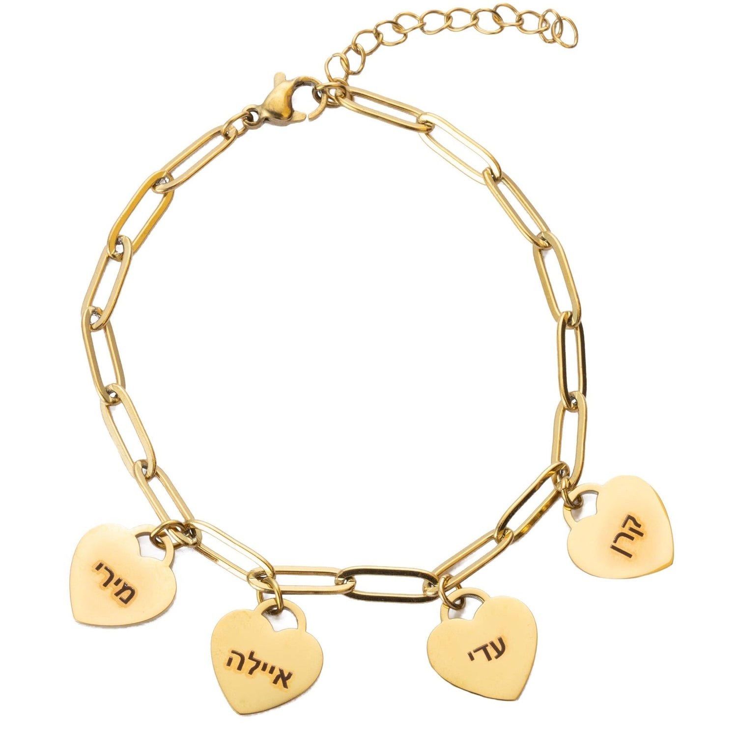 A gold-colored bracelet with multiple interlinked hearts, each with a Hebrew inscription, on a chain structure.