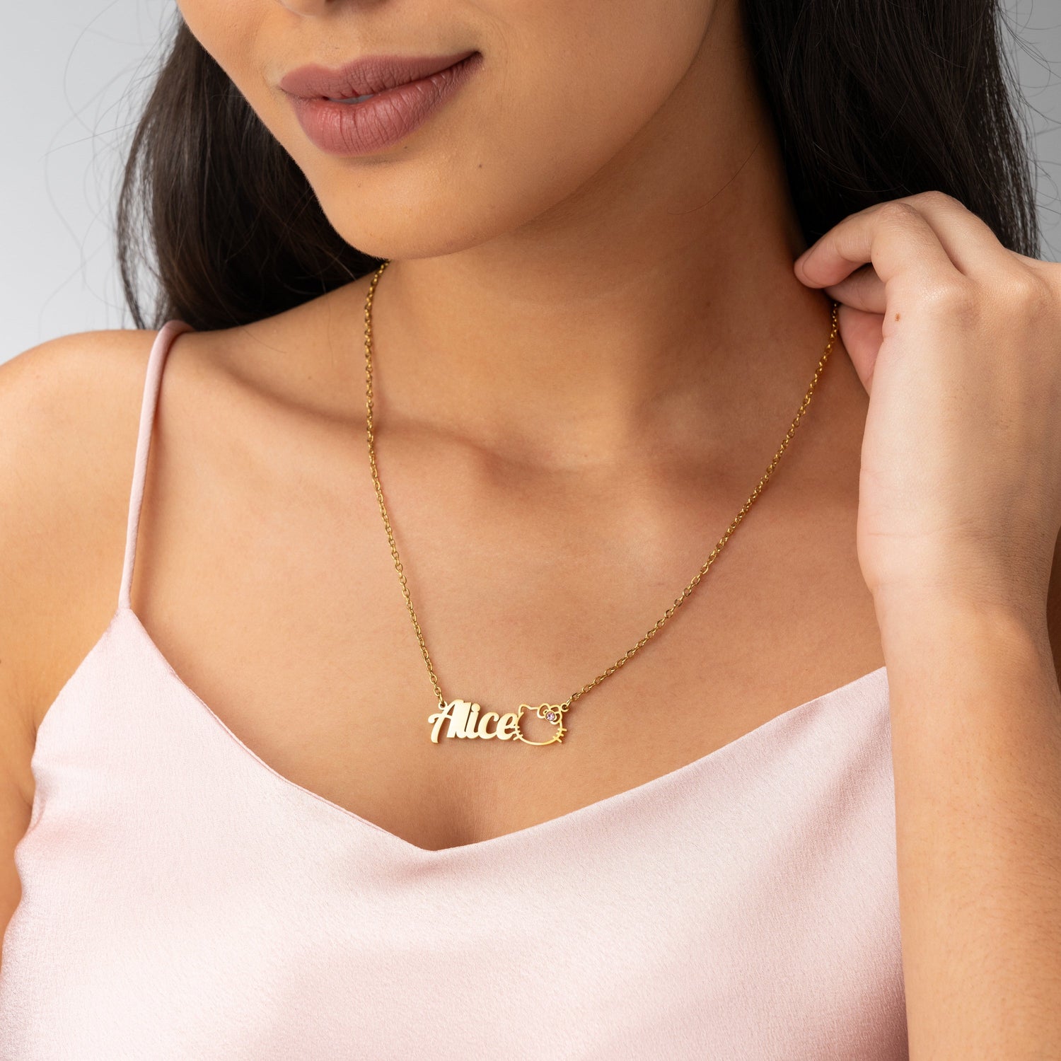 Collar con Nombre y Charm de Gato con Piedra