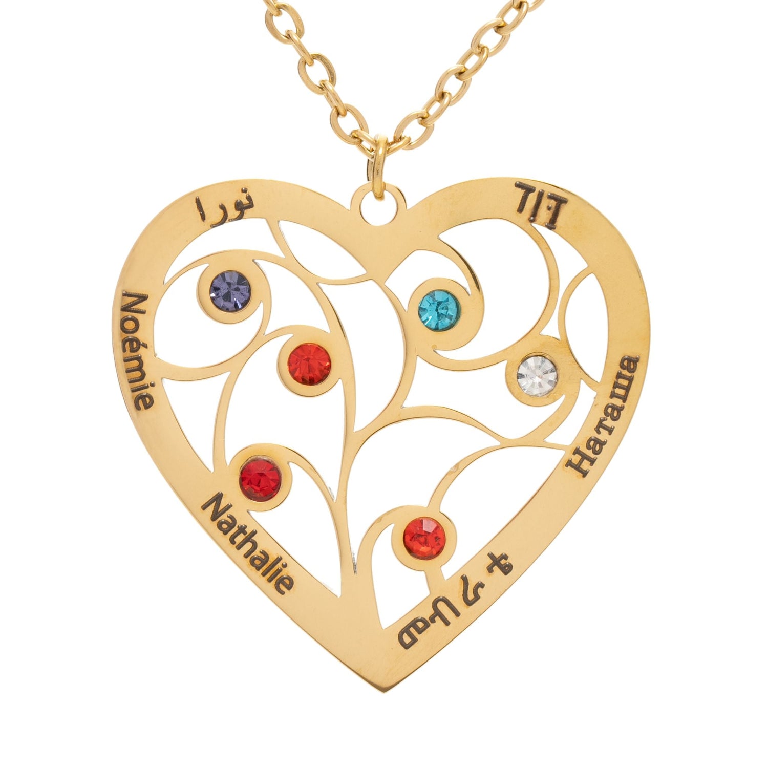 Collar Colgante Corazón Familiar con Piedras de Nacimiento