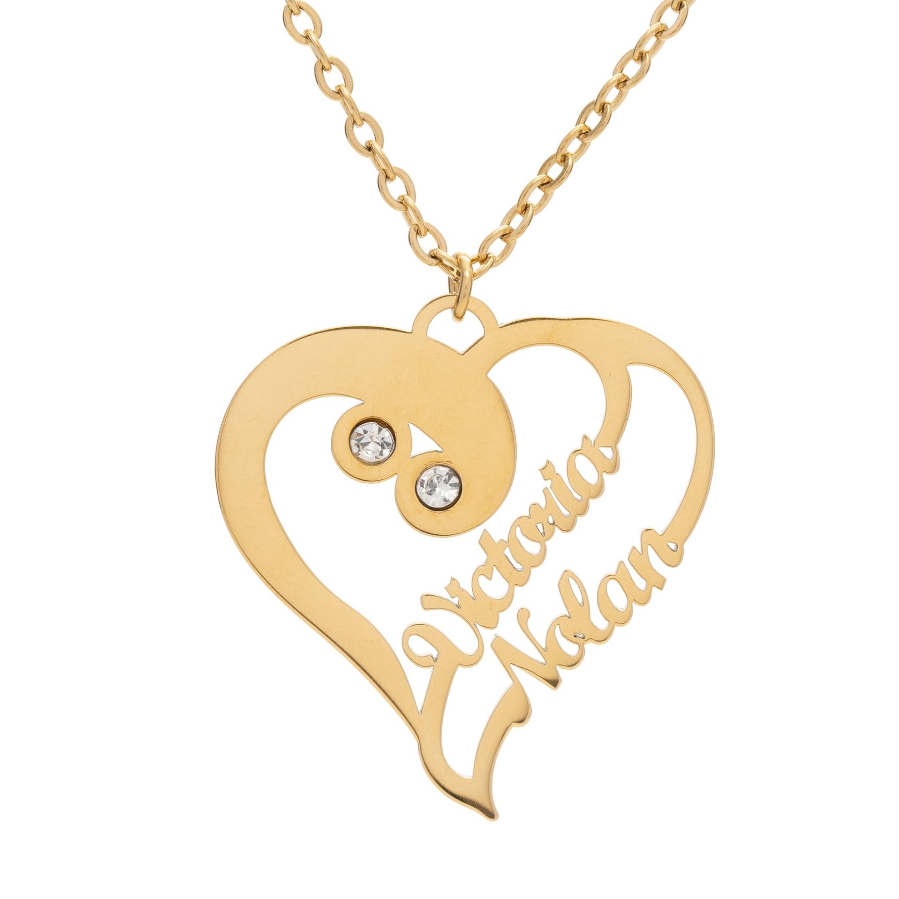A heart-shaped pendant necklace with two names or words personalized on it, encased in delicate cursive script, with two birthstones set into the pendant, displayed on a chain.